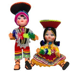 2 PCS PERU PERUVIAN CUTE COUPLE HANDMADE COSTUME TEXTILE DRESS GIFT DOLLS 14"
